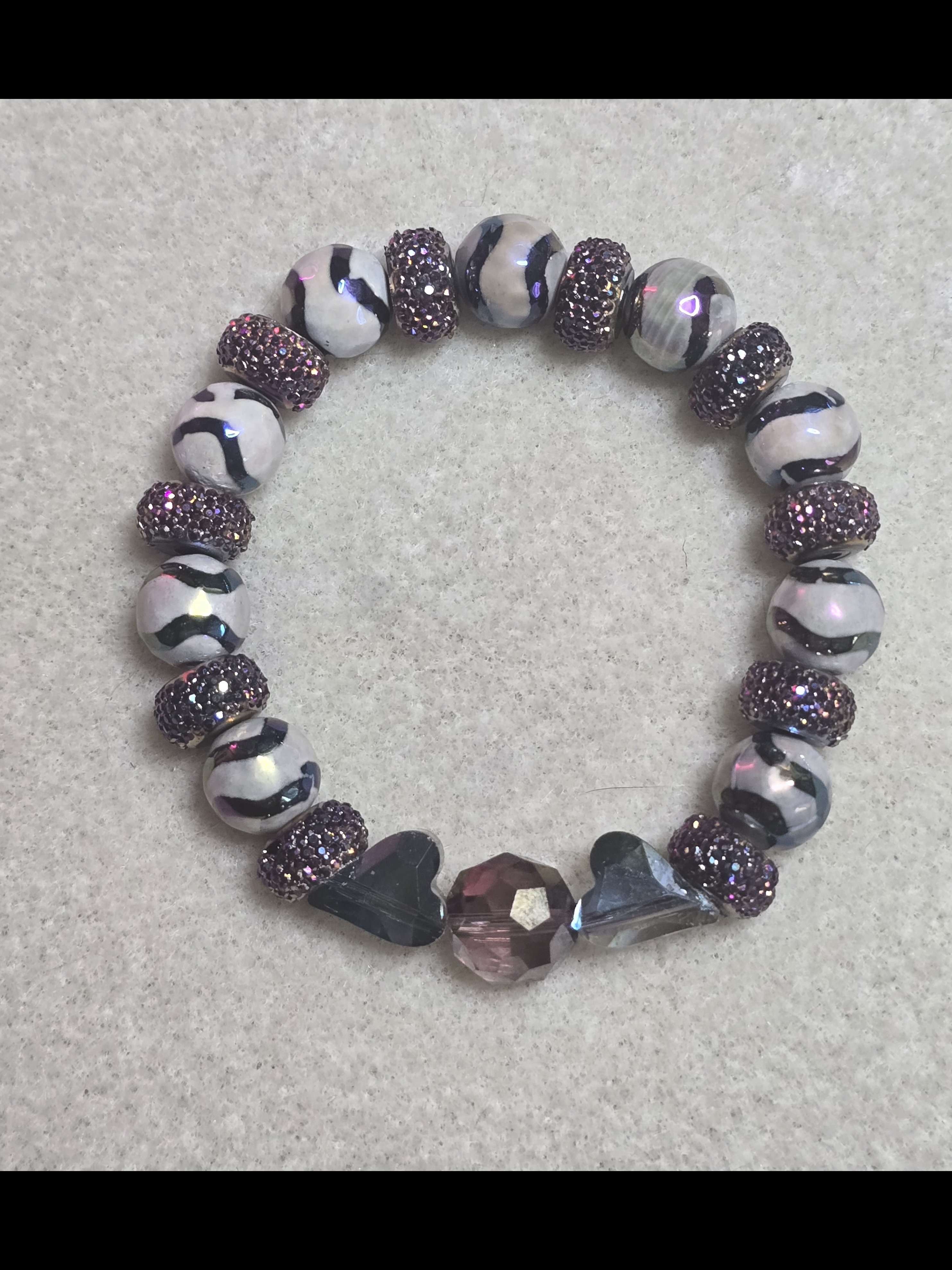 Purple Sparkle Stretch Bracelet With Marbled Beads & Crystal Hearts
